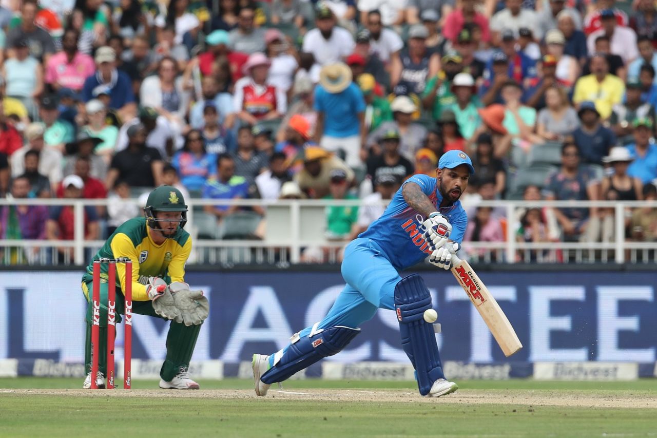 Shikhar Dhawan tries to meet the pitch of a delivery, South Africa v India, 1st T20I, Johannesburg, February 18, 2018