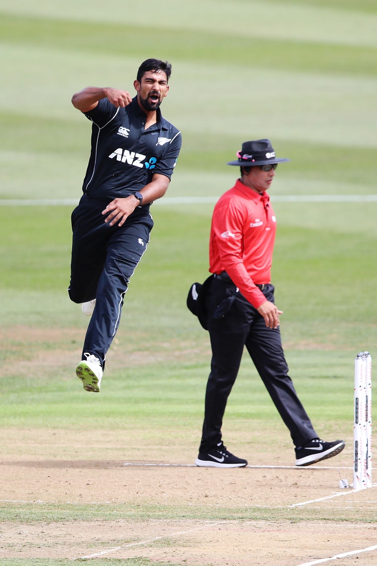 Ish Sodhi is elated after picking up a wicket, New Zealand v England, 1st ODI, Hamilton, 25 February, 2018