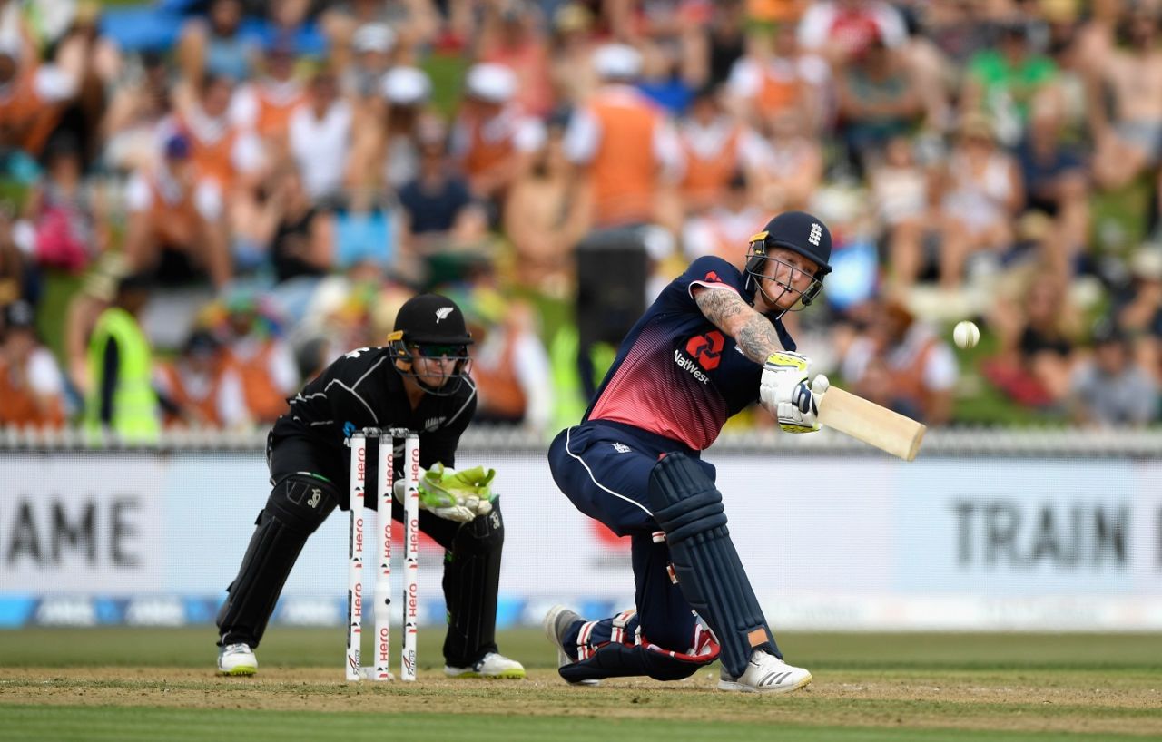 Ben Stokes top-edges a slog sweep, New Zealand v England, 1st ODI, Hamilton, 25 February, 2018