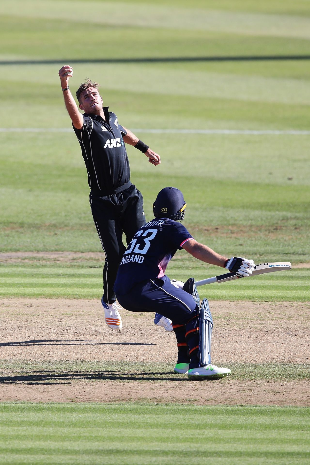 The first act in Tim Southee running out Jos Buttler, New Zealand v England, 1st ODI, Hamilton, 25 February, 2018