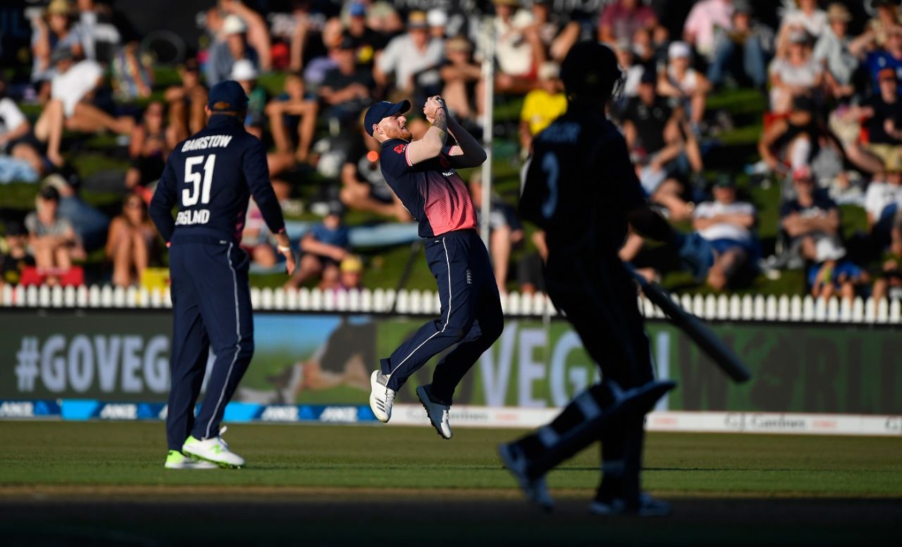 Ben Stokes holds on to a catch, New Zealand v England, 1st ODI, Hamilton, 25 February, 2018