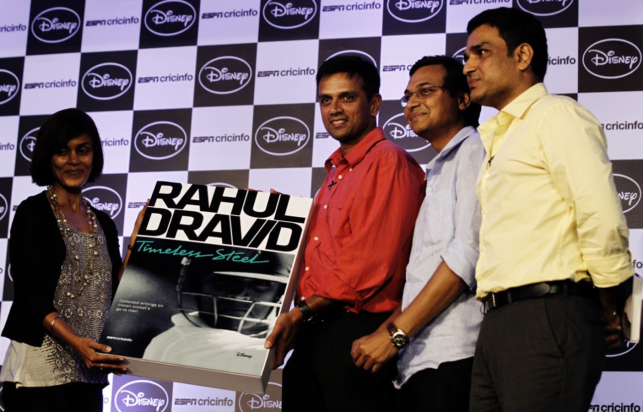 Rahul Dravid with Sambit Bal and Sanjay Manjrekar at the launch of <i>Timeless Steel</i>, ESPNcricinfo's book, Mumbai, July 4, 2012