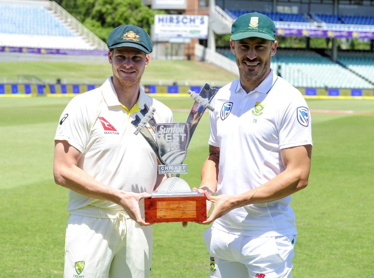 Faf du Plessis and Steven Smith pose with the Test series trophy, Durban, February 28, 2018
