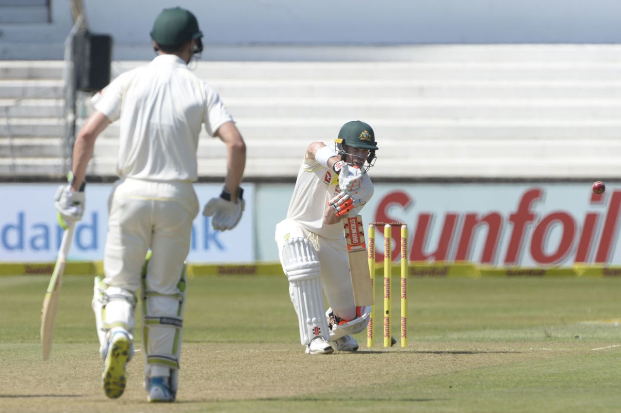 David Warner gets forward against the new ball, South Africa v Australia, 1st Test, Durban, 1st day, March 1, 2018