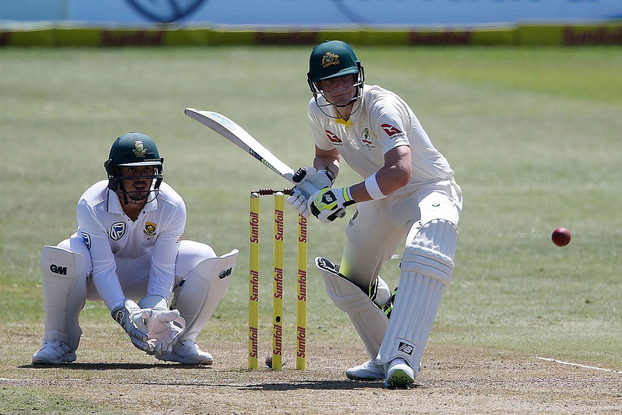 Steven Smith looks to drive against the spin of Keshav Maharaj, South Africa v Australia, 1st Test, Durban, 1st day, March 1, 2018
