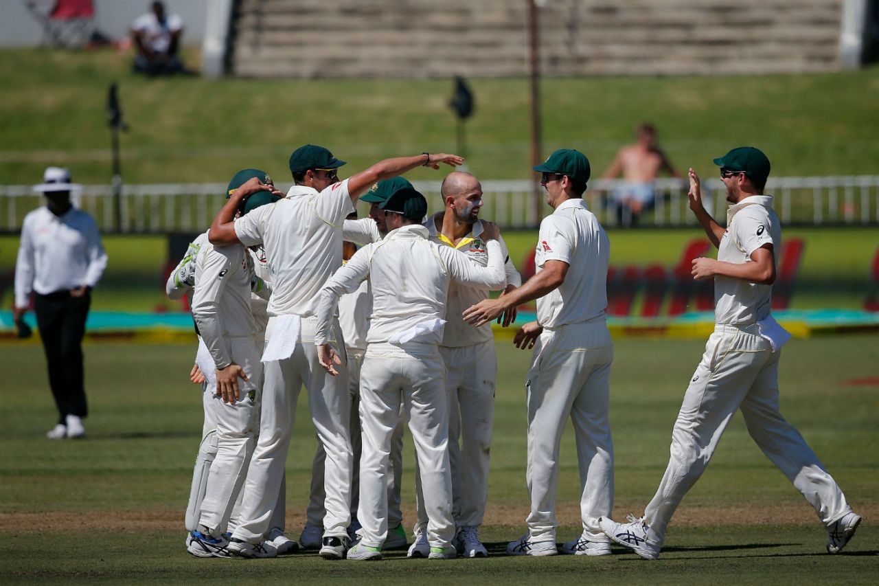 Nathan Lyon claimed two wickets in his first over, South Africa v Australia, 1st Test, Durban, 2nd day, March 2, 2018