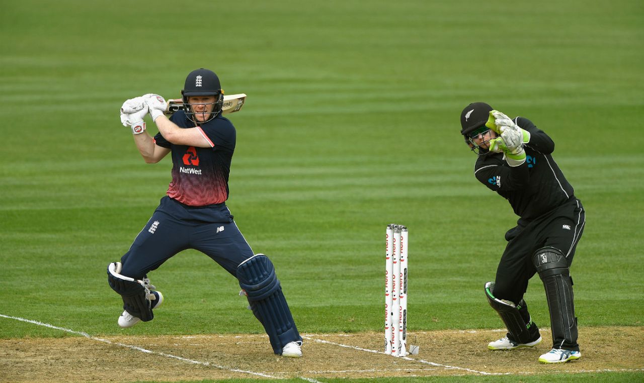 Eoin Morgan cuts through the covers, New Zealand v England, 3rd ODI, Wellington, 3 March, 2018