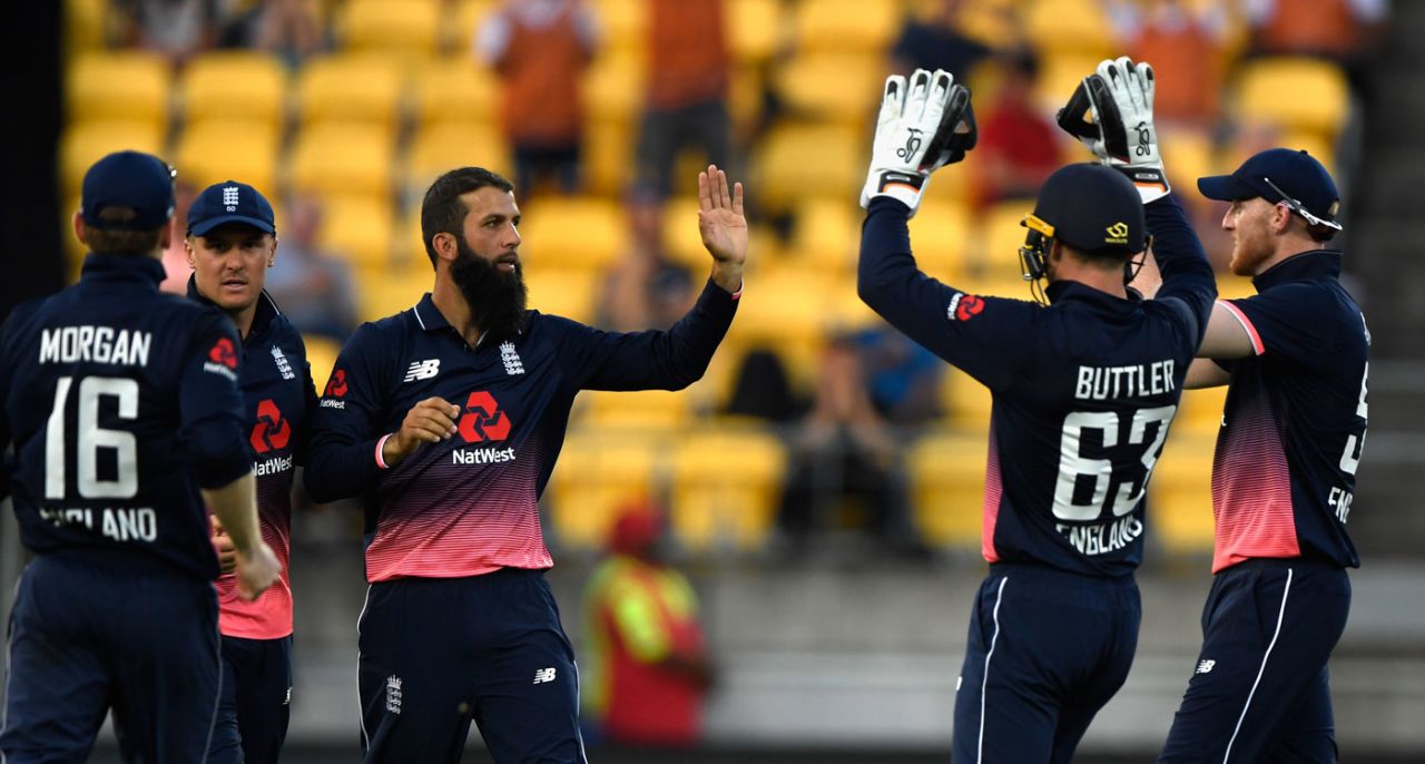 Moeen Ali celebrates a wicket, New Zealand v England, 3rd ODI, Wellington, 3 March, 2018