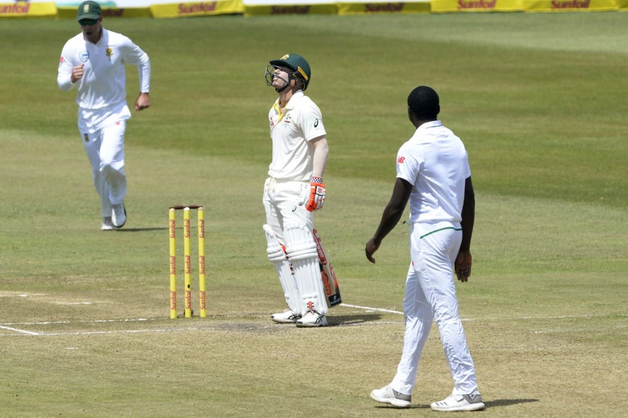 David Warner picked out mid-on off the bowling of Kagiso Rabada, South Africa v Australia, 1st Test, Durban, 3rd day, March 3, 2018