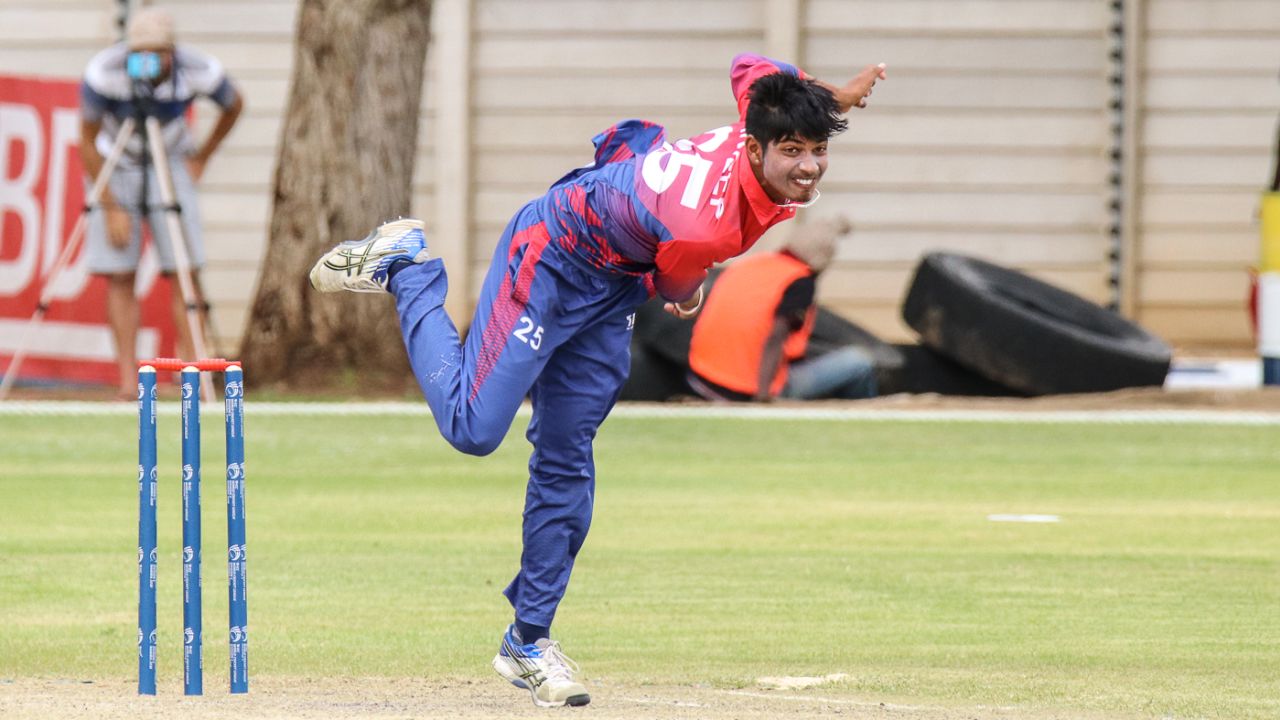 Sandeep Lamichhane whirls through his delivery, Nepal v Oman, ICC World Cricket League Division Two, Windhoek, February 9, 2018