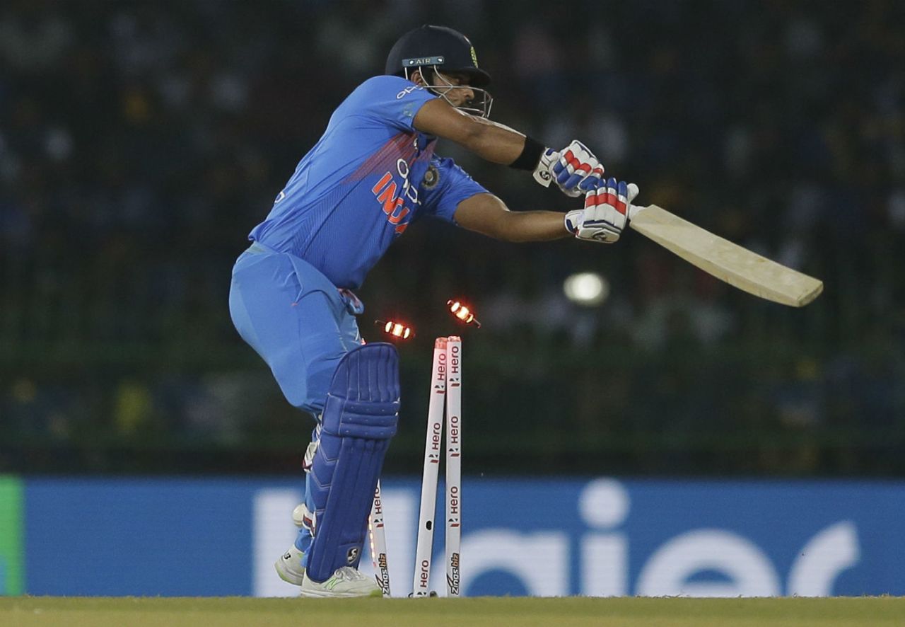 Suresh Raina is bowled by a Nuwan Pradeep full toss, Sri Lanka v India, Nidahas Trophy, Colombo, March 6, 2018