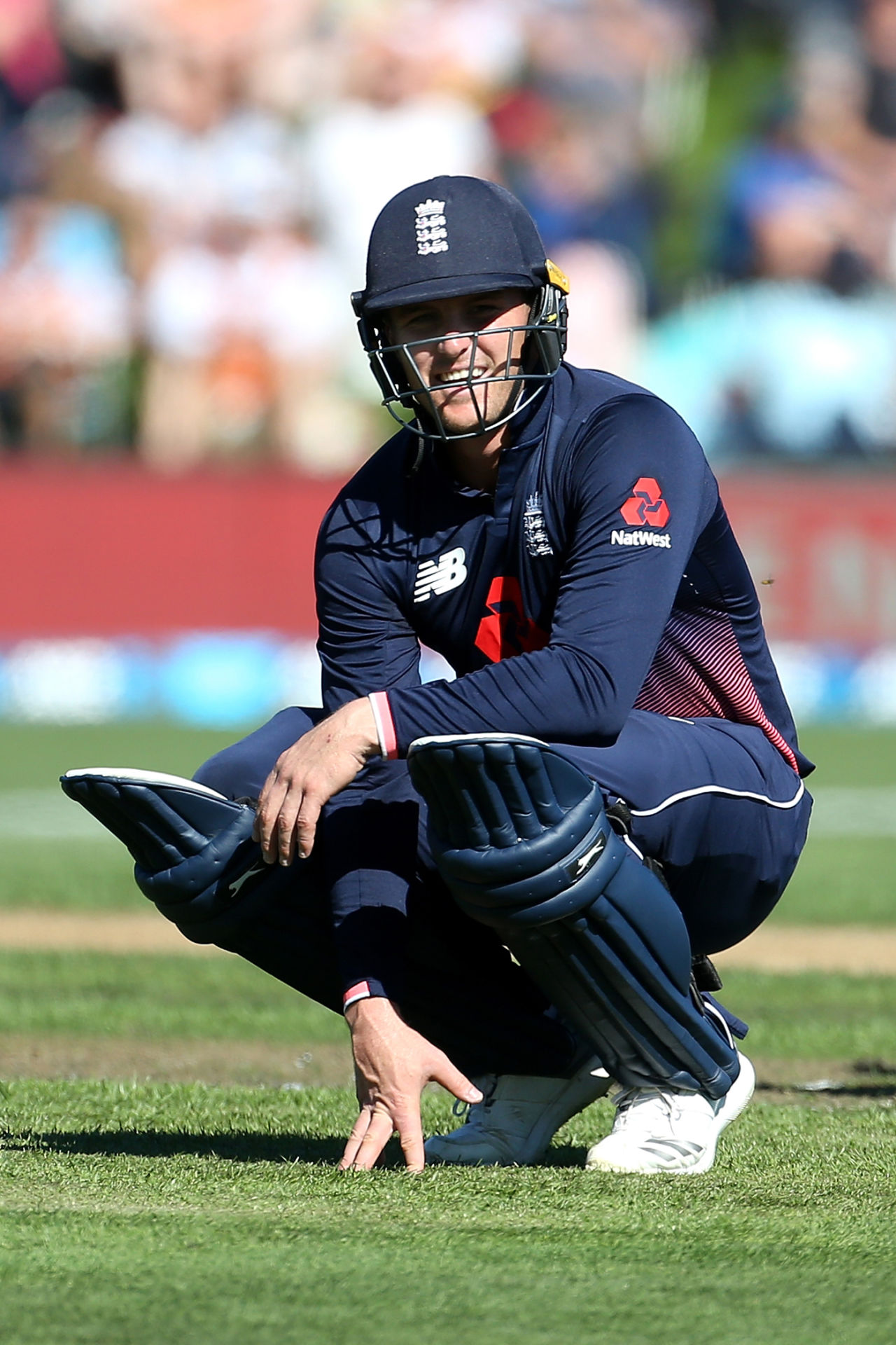 Jason Roy takes a moment to compose himself after taking a blow to the box, New Zealand v England, 4th ODI, Dunedin, March 7, 2018
