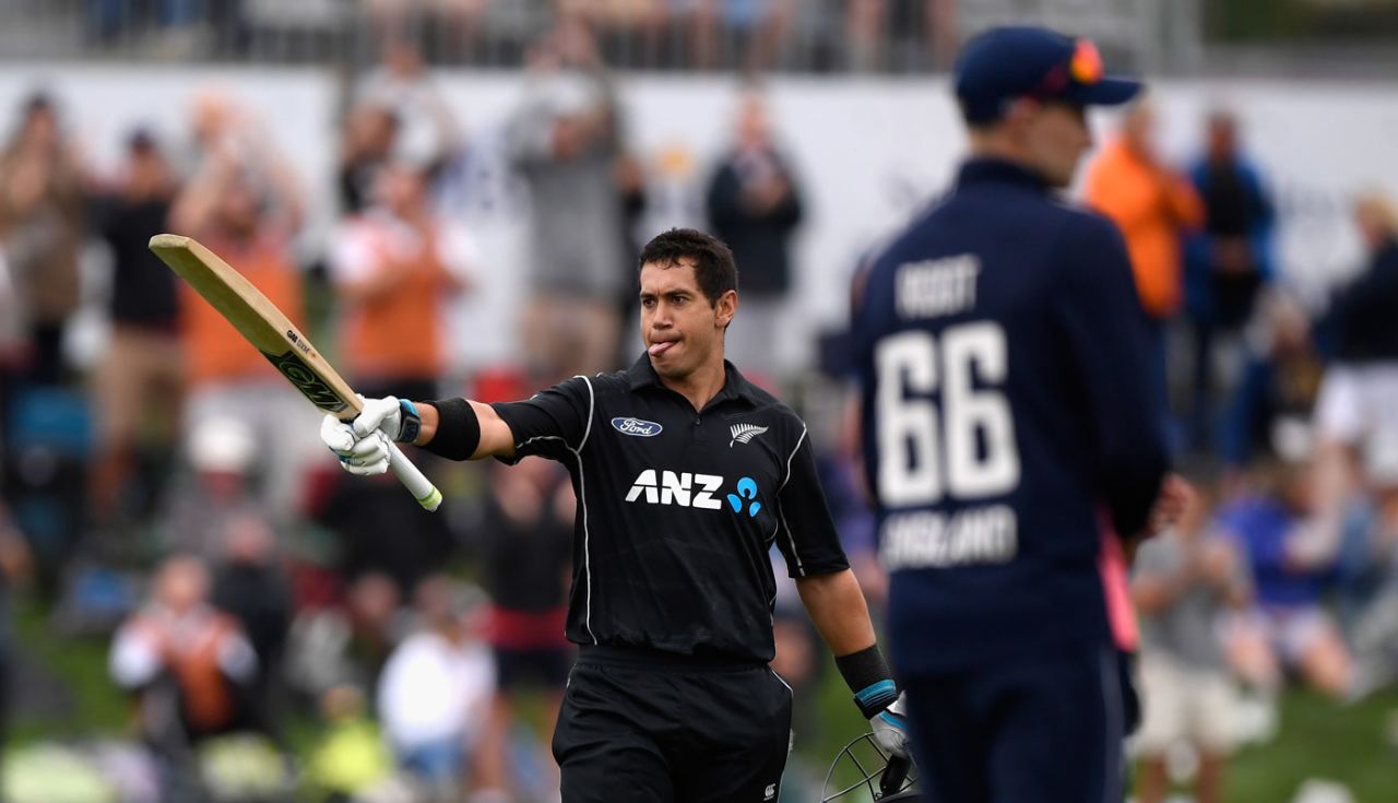 Ross Taylor brings out the trademark hundred celebration, New Zealand v England, 4th ODI, Dunedin, March 7, 2018