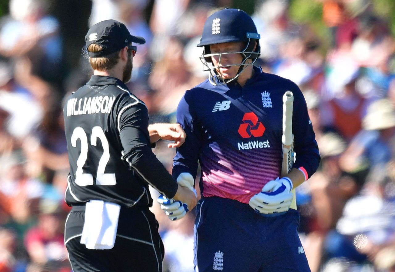 Jonny Bairstow got a handshake from Kane Williamson after being dismissed, New Zealand v England, 5th ODI, Christchurch, March 10, 2018