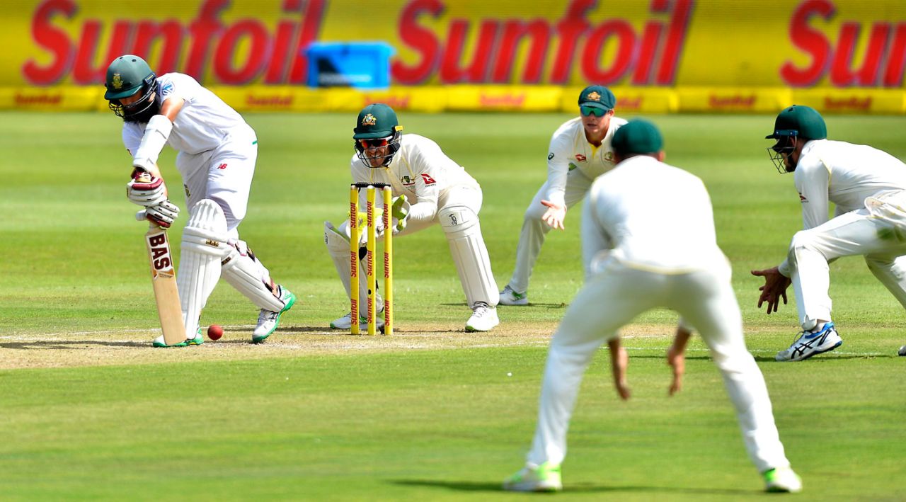Hashim Amla dead-bats into the leg side, South Africa v Australia, 2nd Test, 2nd day, Port Elizabeth, March 10, 2018