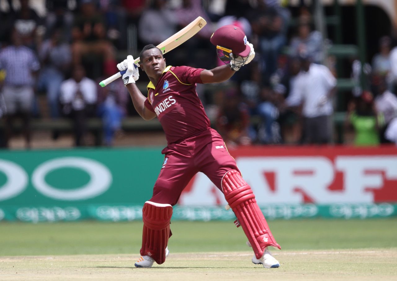 Rovman Powell celebrates his first ODI hundred, West Indies v Ireland, Group A, World Cup Qualifiers, Harare, March 10, 2018