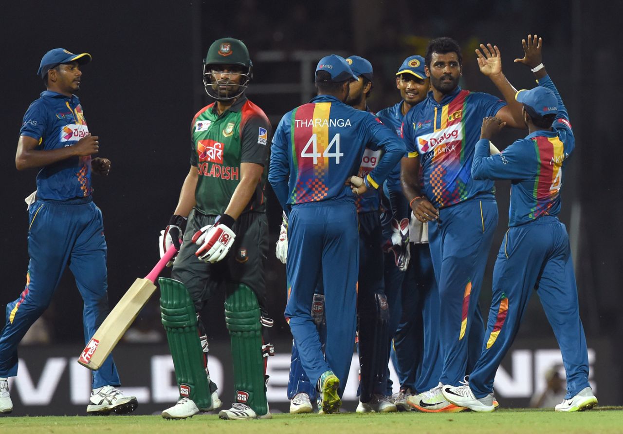 Thisara Perera celebrates the wicket of Tamim Iqbal, Bangladesh v Sri Lanka, Nidahas T20I Tri-series, Colombo, March 10, 2018