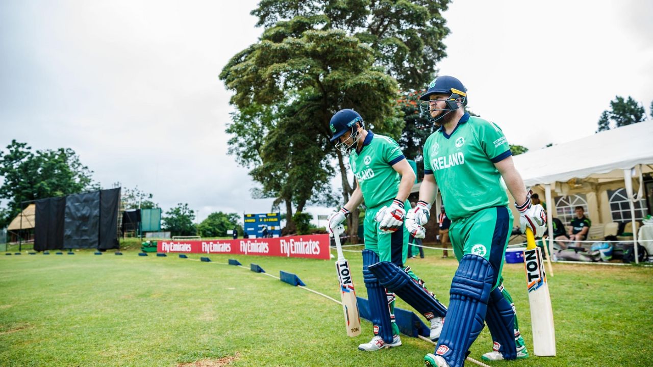 William Porterfield and Paul Stirling stride out to bat, Ireland v UAE, World Cup Qualifier 2018, Harare, March 12, 2018