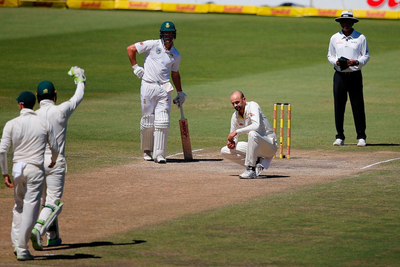 Nathan Lyon stares down the pitch after a close lbw shout, South Africa v Australia, 2nd Test, 4th day, Port Elizabeth, March 12, 2018