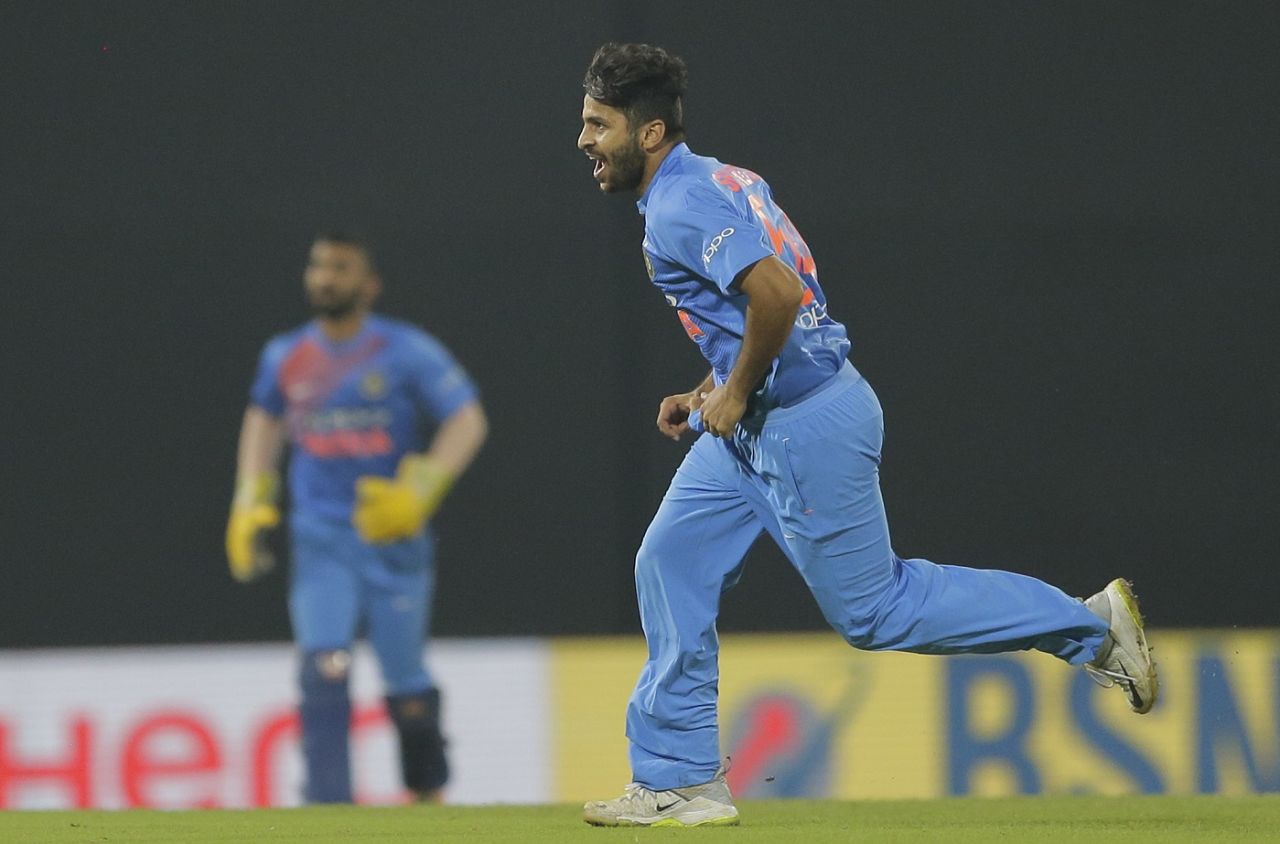 Shardul Thakur wheels away after taking a wicket, Sri Lanka v India, 4th match, Nidahas Trophy, Colombo, March 12, 2018
