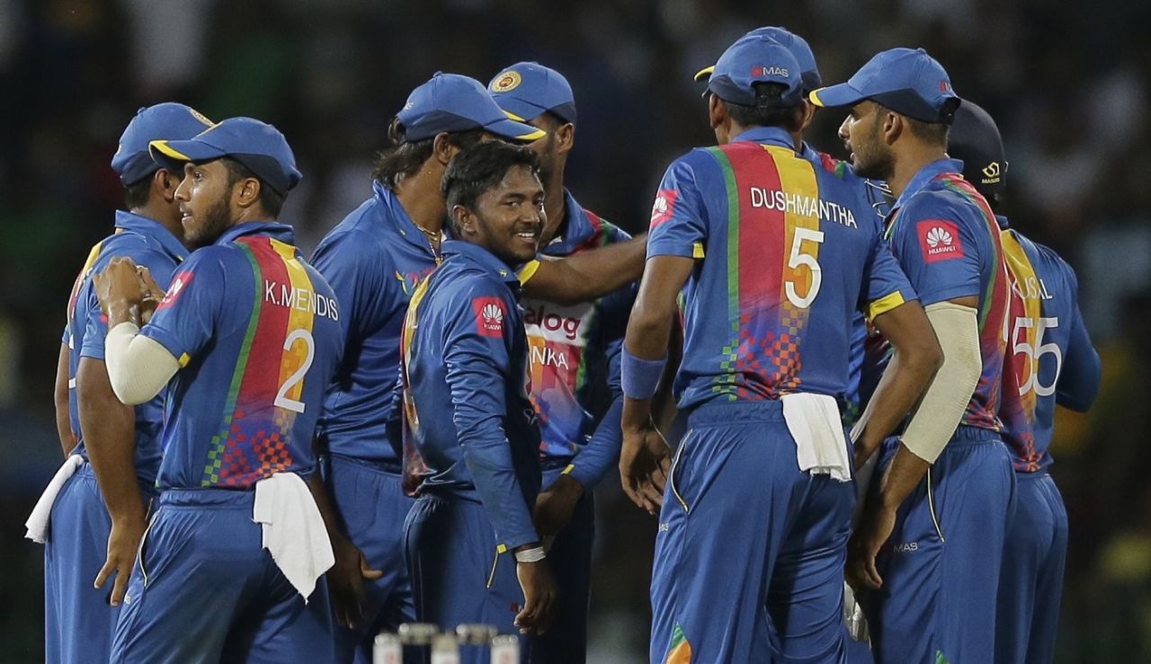 Akila Dananjaya is mobbed by his team-mates, Sri Lanka v India, 4th match, Nidahas Trophy, Colombo, March 12, 2018