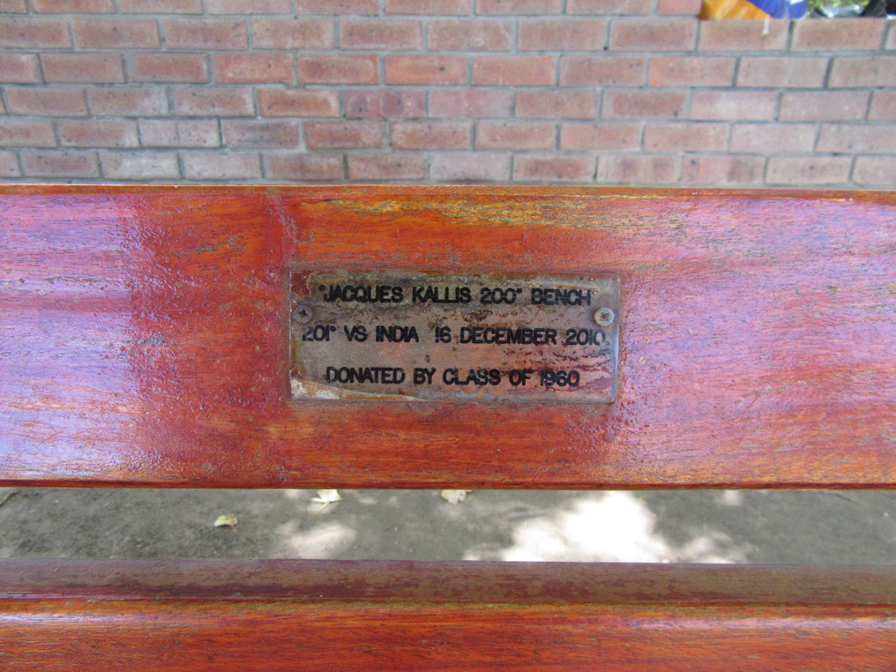A bench that marks Jacques Kallis' Test double-hundred against India in 2010, Jacques Kallis Oval, Wynberg Boys High School, Cape Town, February 2018