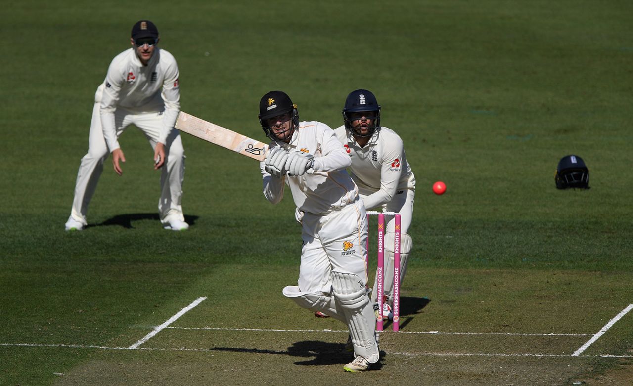 Tom Blundell plays down the ground, New Zealand XI v England XI, Tour match, Hamilton, 1st day, March 14, 2018