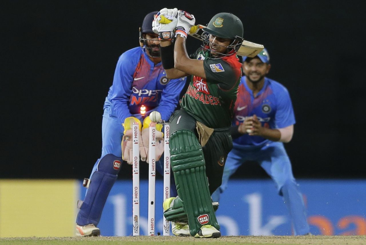 Soumya Sarkar missed a heave, Bangladesh v India, 5th match, Nidahas Twenty20 Tri-Series, Colombo, March 14, 2018