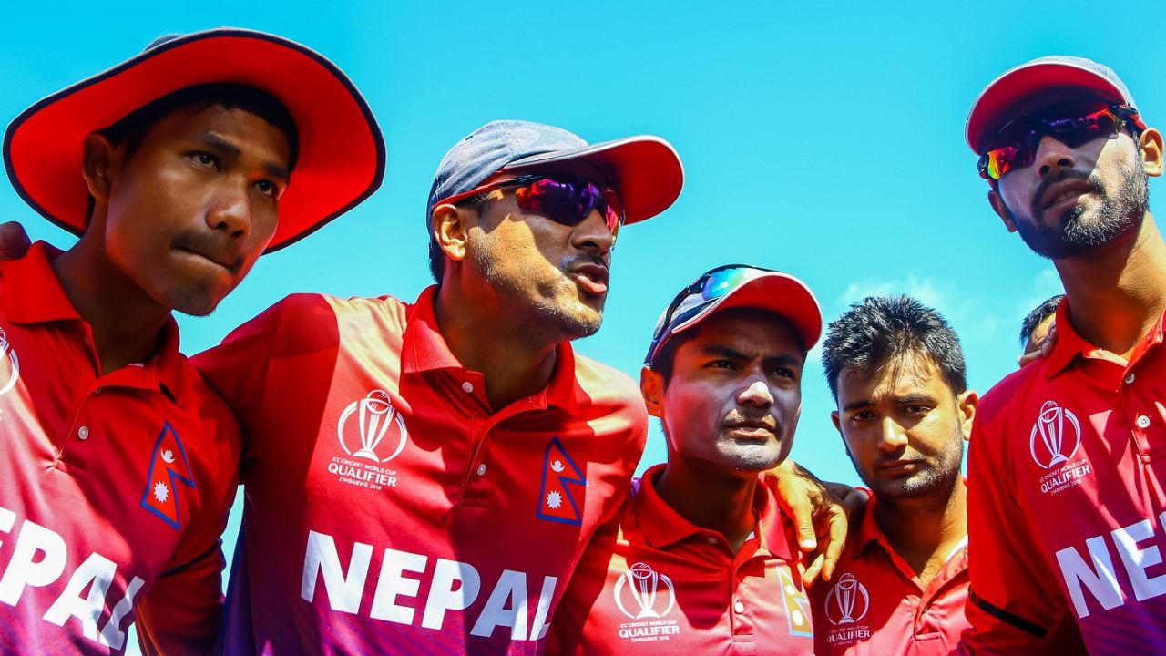 Paras Khadka leads the team huddle, Nepal v Papua New Guinea, World Cup Qualifier, Harare, March 15. 2018