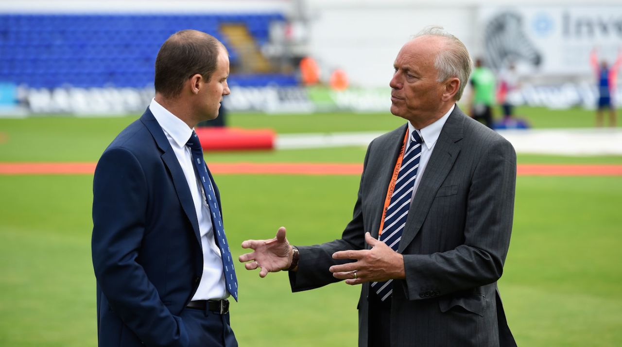 ECB chairman Colin Graves in conversation with Andrew Strauss, MD of English cricket, during the 2015 Ashes series, Cardiff, July 8, 2015