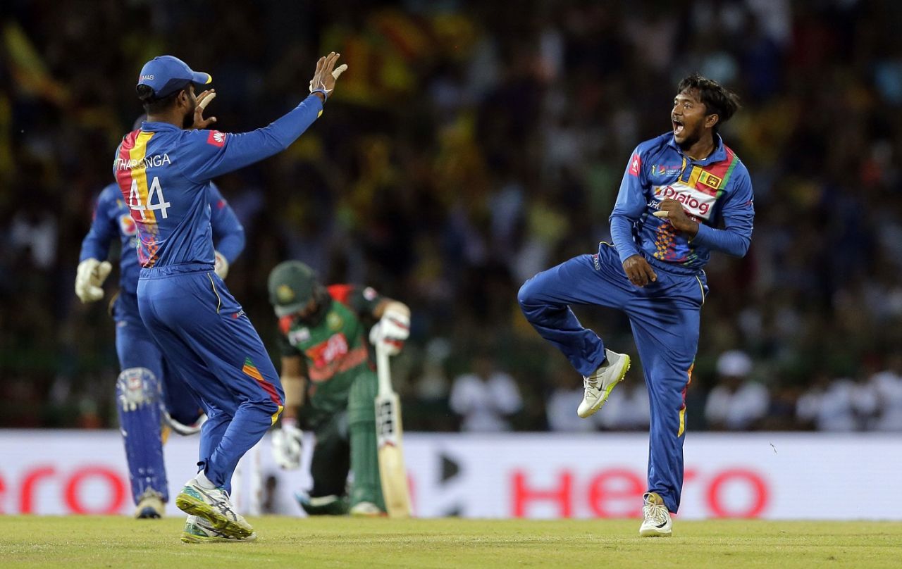 Akila Dananjaya is ecstatic after taking a wicket, Sri Lanka v Bangladesh, 6th match, Colombo, March 16, 2018
