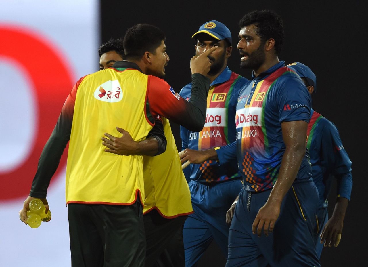 Nurul Hasan and Thisara Perera were involved in a heated exchange, Sri Lanka v Bangladesh, 6th match, Colombo, March 16, 2018