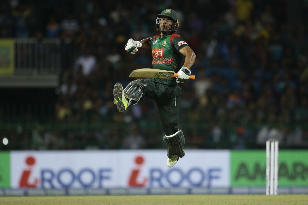 Mahmudullah pumps the air after sealing Bangladesh's win, Sri Lanka v Bangladesh, 6th match, Colombo, March 16, 2018