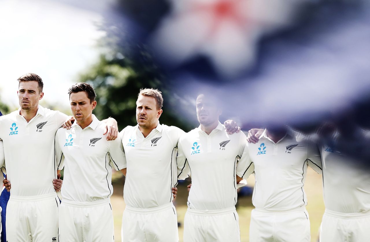 Tim Southee, Trent Boult and Neil Wagner stand for the national anthems with the rest of their team, New Zealand v West Indies, 2nd Test, Hamilton, 1st day, December 9, 2017