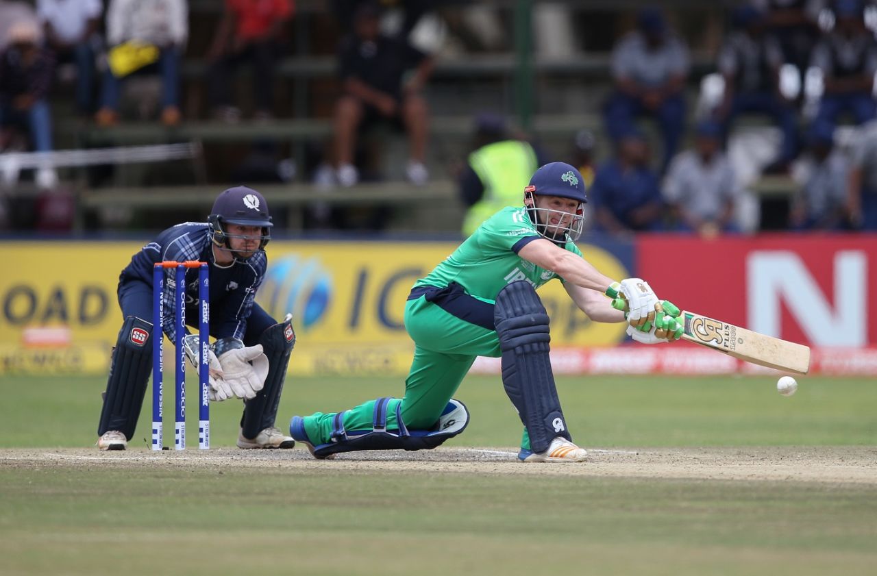 Niall O'Brien stretches out for a sweep, Ireland v Scotland, World Cup Qualifier, Super Sixes, Harare, March 18, 2018