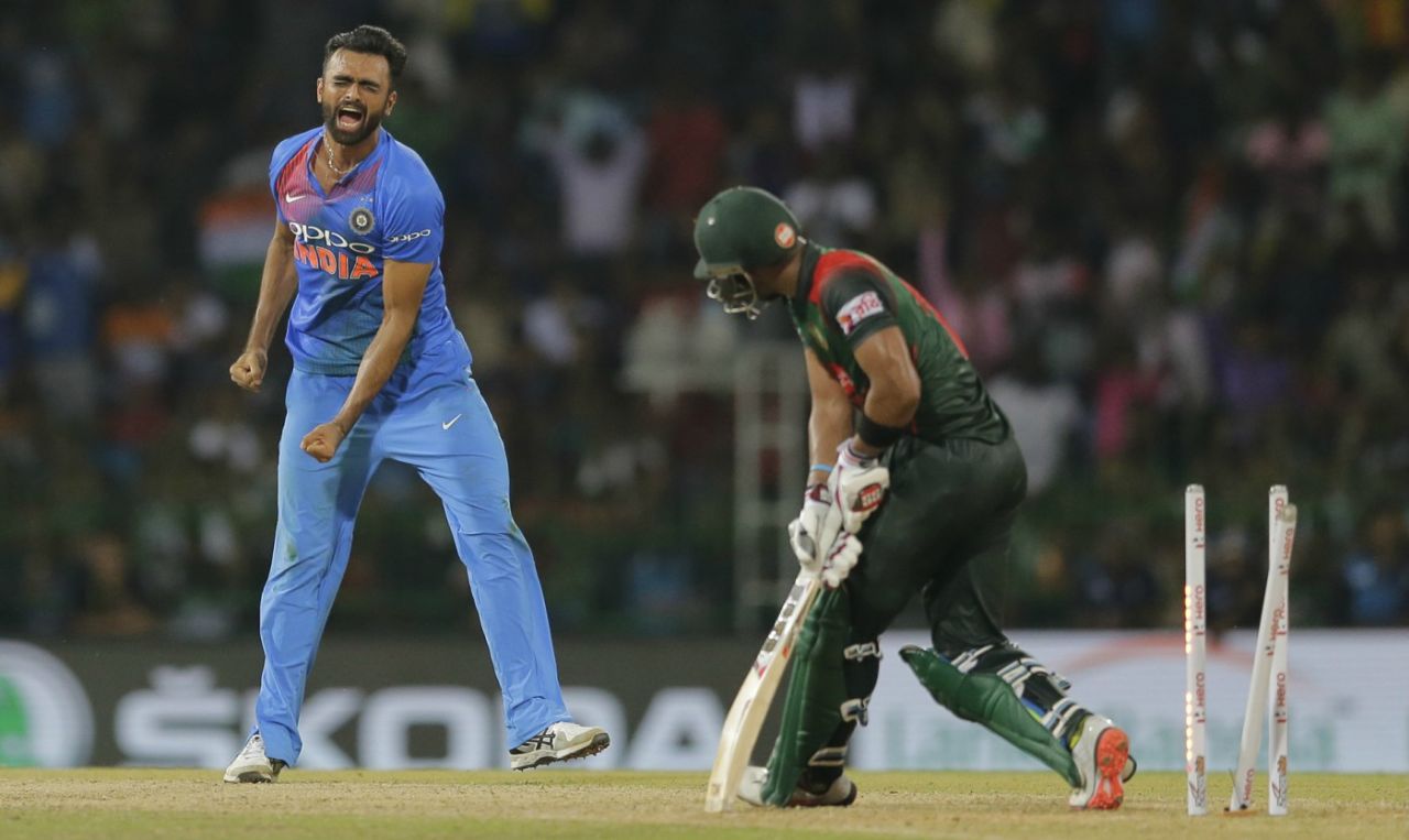 Jaydev Unadkat is elated after a wicket, India v Bangladesh, Nidahas Trophy final, Colombo, March 18, 2018