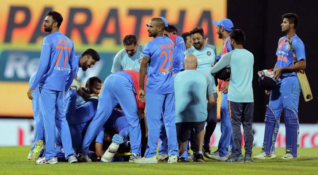 India's version of a joyous scrum after their win, India v Bangladesh, Nidahas Trophy final, Colombo, March 18, 2018