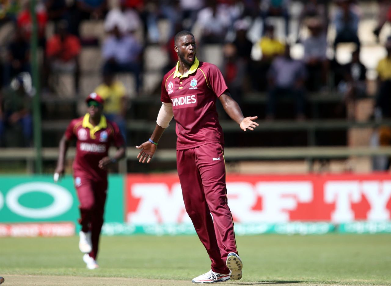 Jason Holder celebrates the wicket of Hamilton Masakadza, Zimbabwe v West Indies, World Cup Qualifiers, Harare, March 19, 2018