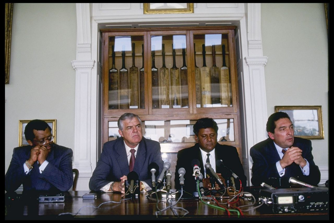 From left: Steve Tshwete, Geoff Dakin, Krish Mackherdhuj and Ali Bacher at the ICC meeting at Lord's where South Africa's return to international cricket was announced, July 10, 1991