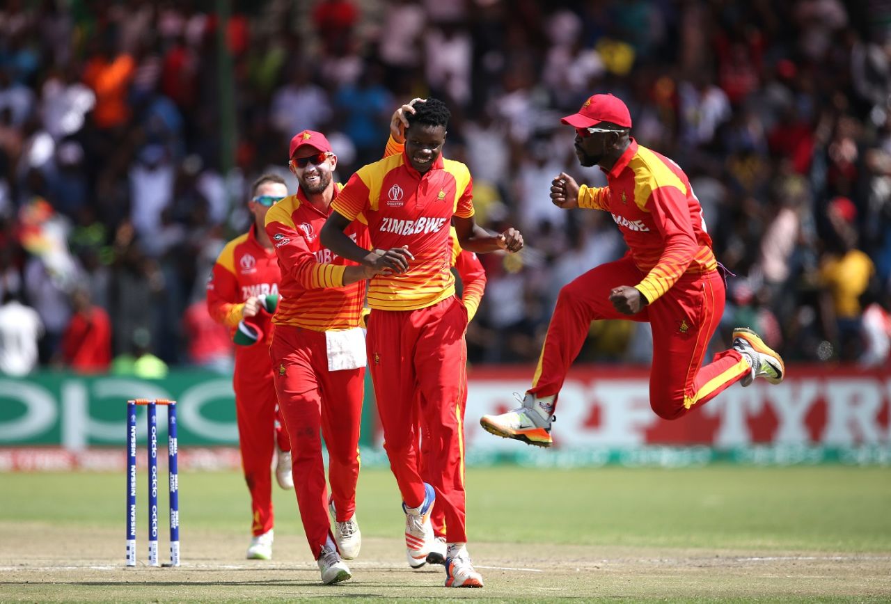 Zimbabwe's players are a delighted bunch after dismissing Chris Gayle, Zimbabwe v West Indies, World Cup Qualifiers, Harare, March 19, 2018
