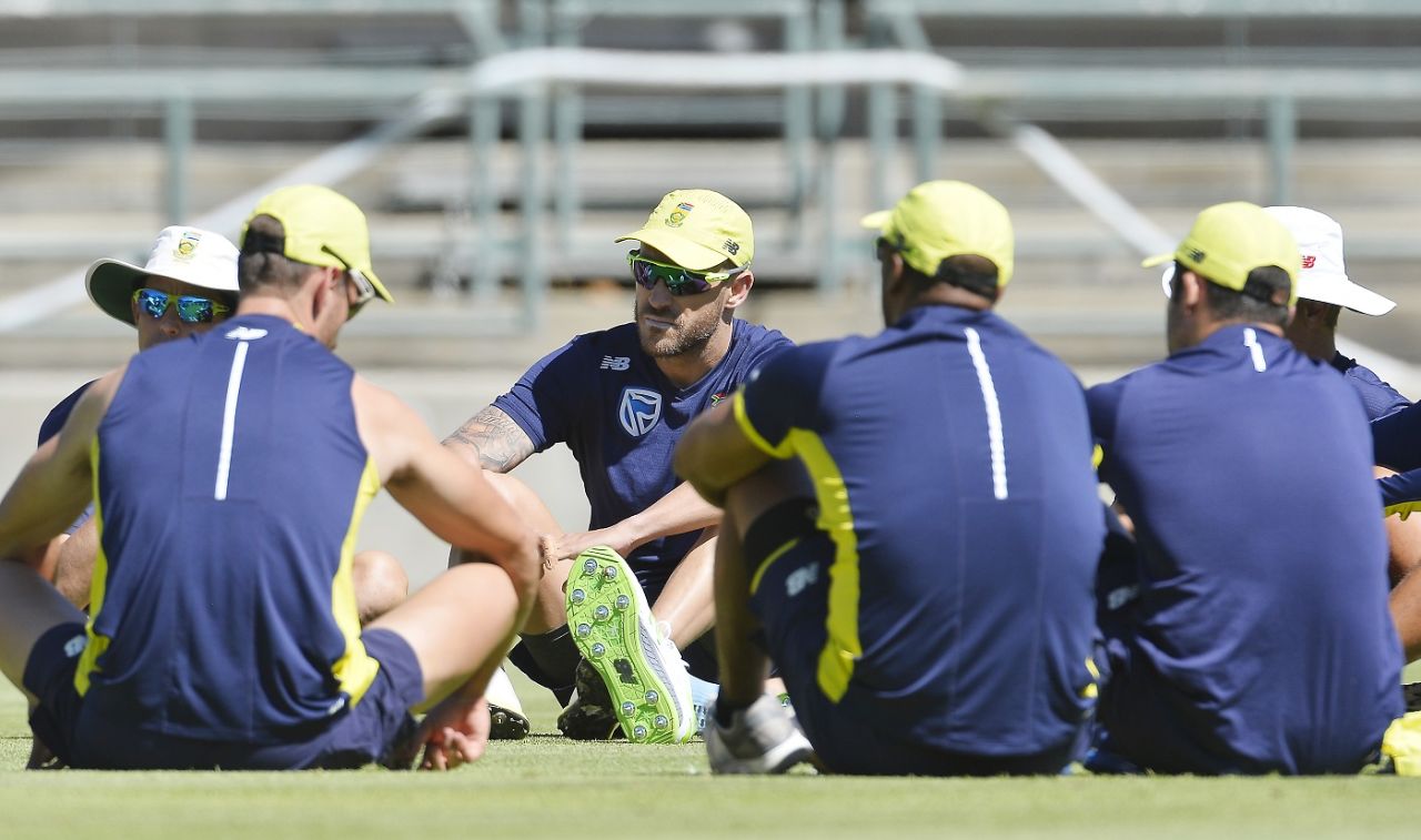 Faf du Plessis with his team-mates at a training session, South Africa v Australia, Cape Town, March 19, 2018