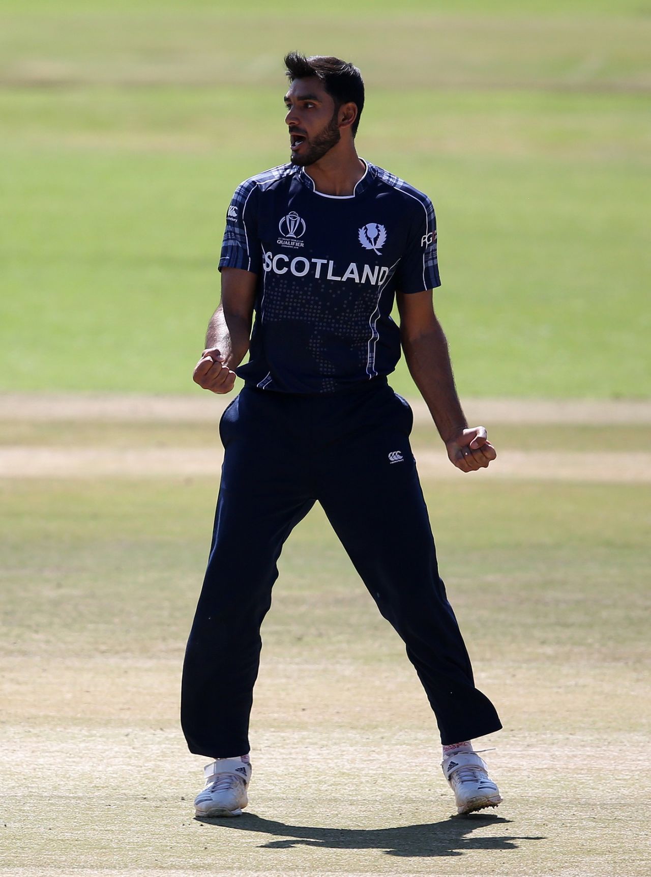 Safyaan Sharif celebrates the wicket of Shai Hope, West Indies v Scotland, World Cup Qualifiers, Harare, March 21, 2018