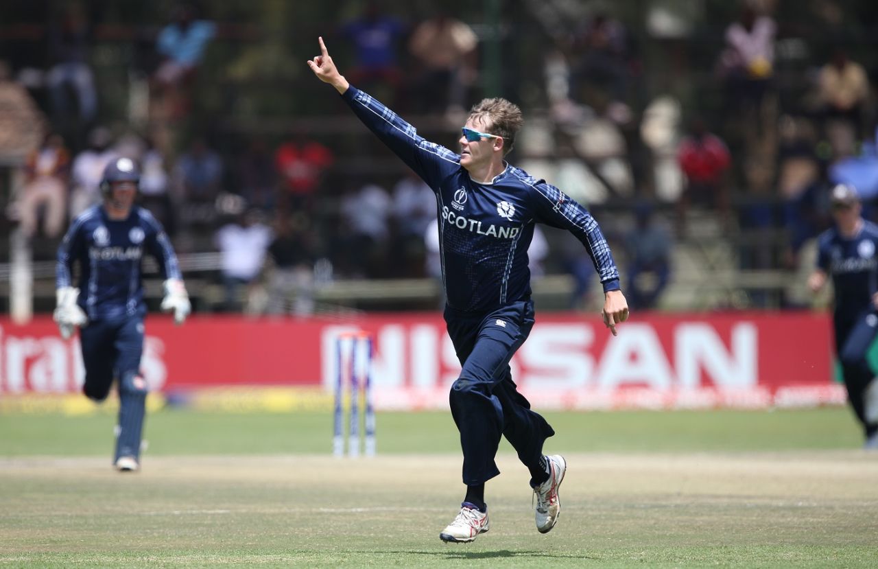 Michael Leask takes off after removing Marlon Samuels, Scotland v West Indies, World Cup qualifiers, Harare, March 21, 2018