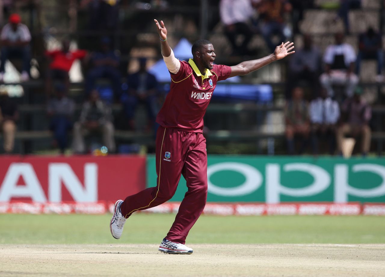 Jason Holder exults after picking up a wicket, West Indies v Scotland, ICC Cricket World Cup Qualifier, Harare, March 22, 2018