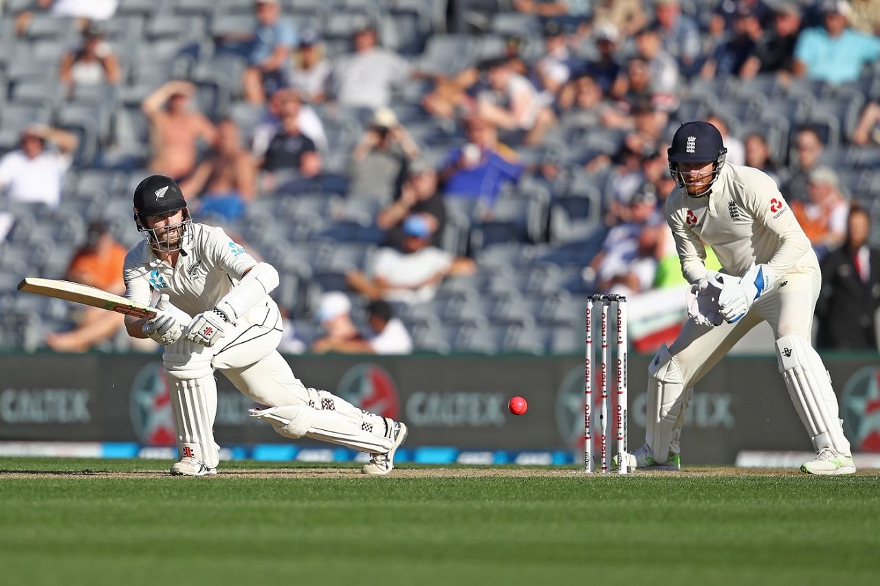 Kane Williamson leans forward to guide the ball, New Zealand v England, 1st Test, Auckland, 1st day, March 22, 2018