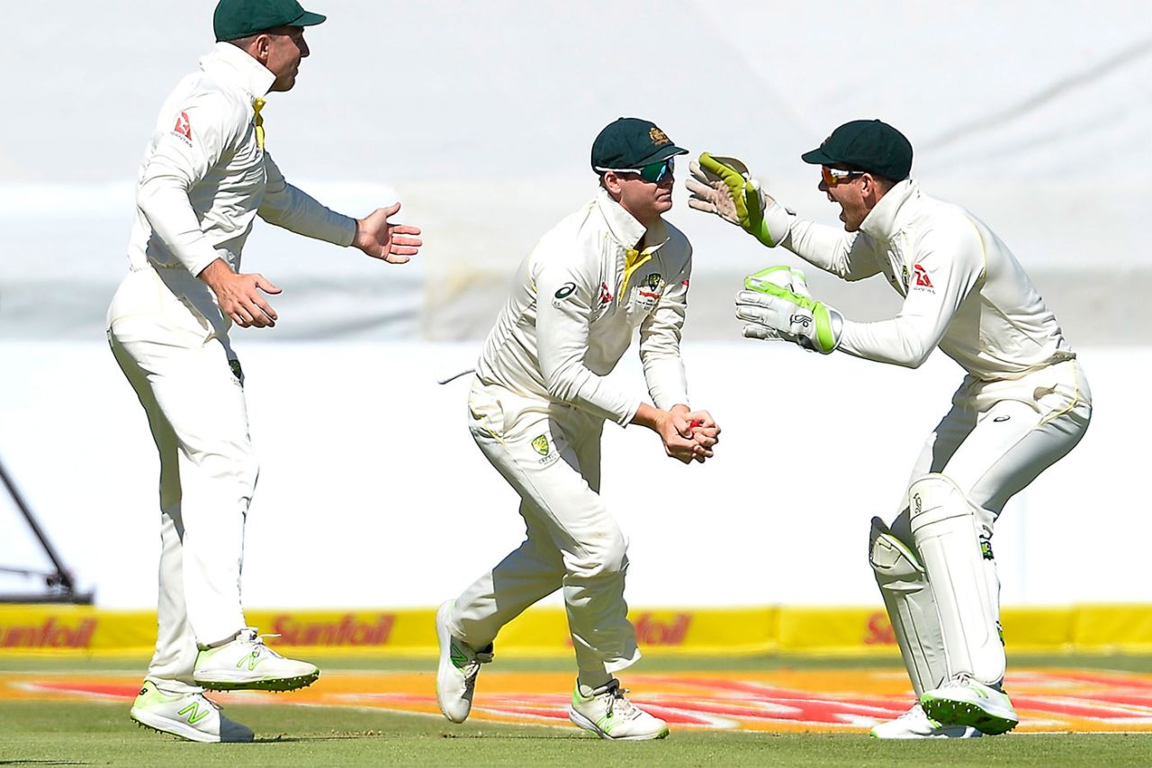 Steven Smith grabbed an early catch off Aidan Markram, South Africa v Australia, 3rd Test, Cape Town, 1st day, March 22, 2018