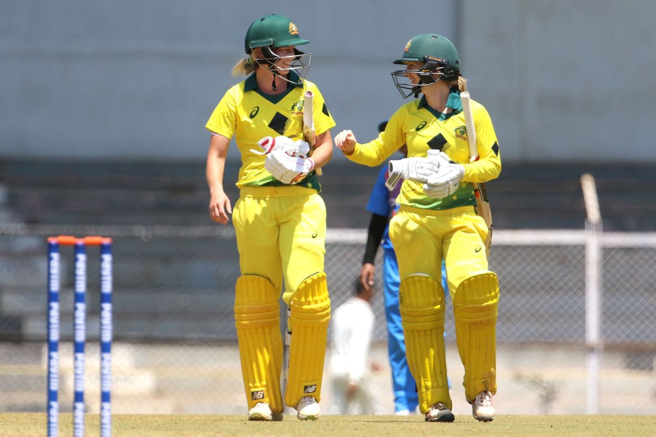 Meg Lanning and Rachel Haynes walk back after Australia's win, India v Australia, Tri-Nation Women's T20 series, Mumbai, March 22, 2018