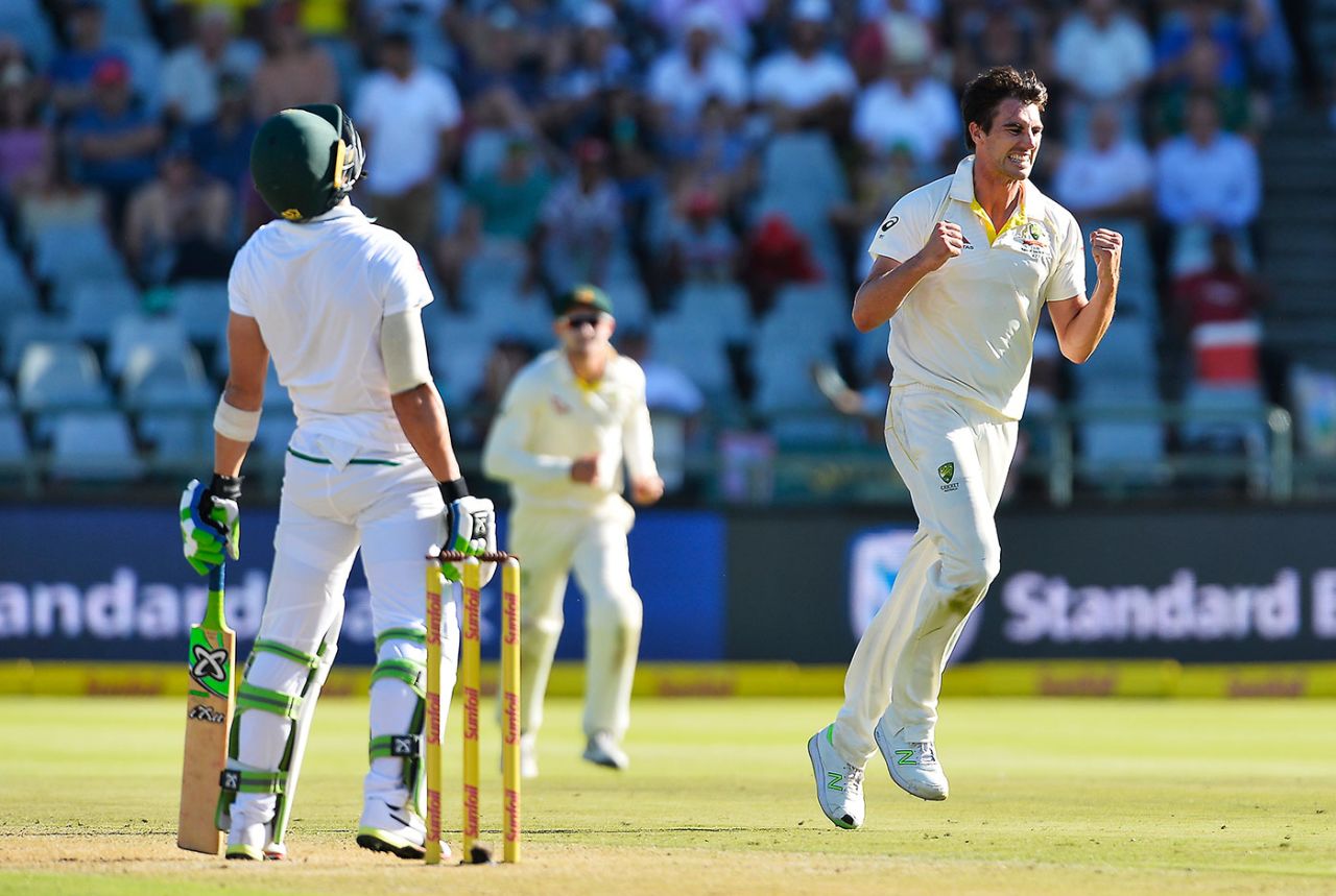 Faf du Plessis was a key wicket in an inspired spell from Pat Cummins, South Africa v Australia, 3rd Test, Cape Town, 1st day, March 22, 2018