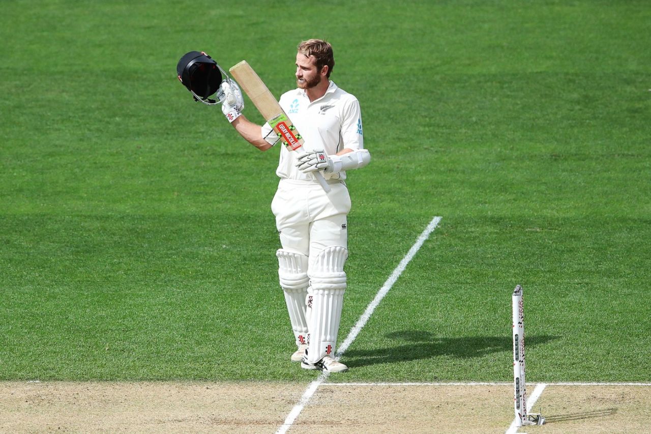 Kane Williamson celebrates a record 18th Test century, New Zealand v England, 1st Test, Auckland, 2nd day, March 23, 2018