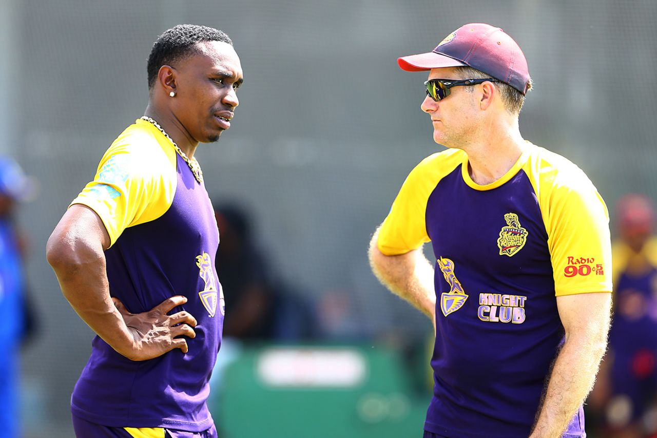 Dwayne Bravo talks to the Trinbago Knight Riders coach, Simon Katich, a couple of days before the game against Barbados Tridents, CPL 2017, Bridgetown, August 31, 2017